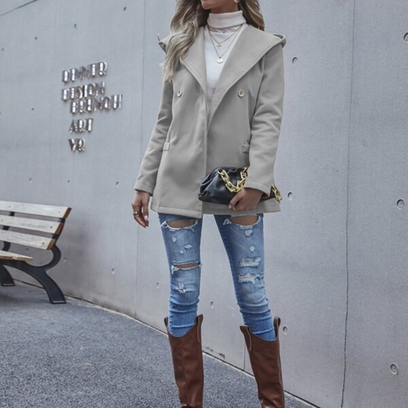 Grey hoodie double breasted fall button pea coat Jacket - Picture 8 of 10